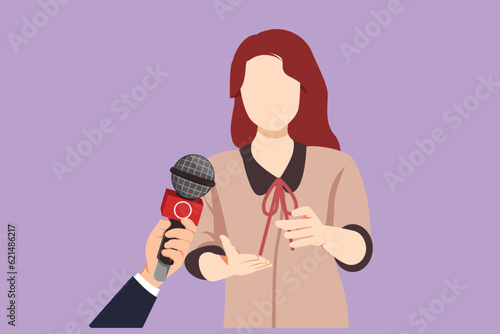 Cartoon flat style drawing business interview with young girl. Digital journalism. News conference world live tv hands of journalists microphones interview concept. Graphic design vector illustration