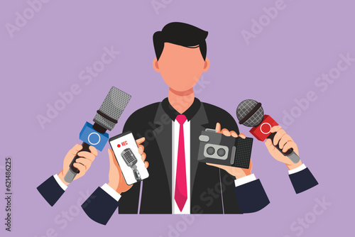 Cartoon flat style drawing of interview people. Man with microphones. Popular person, presenter, celebrity, political gives comment for breaking news, reportage, tv. Graphic design vector illustration