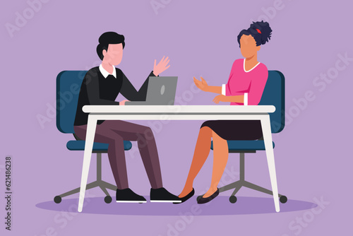 Cartoon flat style drawing interview program at studio. Live stream, tv show camera crew. Man journalist talking to guest. Broadcaster news at tv studio, vlogging. Graphic design vector illustration
