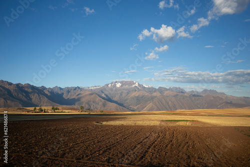 Views of the mountain range from the sacred valley in Maras in Peru.