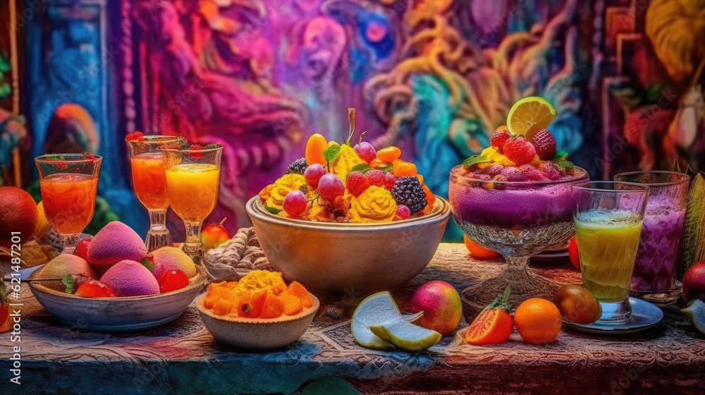 Array of Colorful Sweet Desserts in a Dessert Buffet extreme closeup. Generative AI