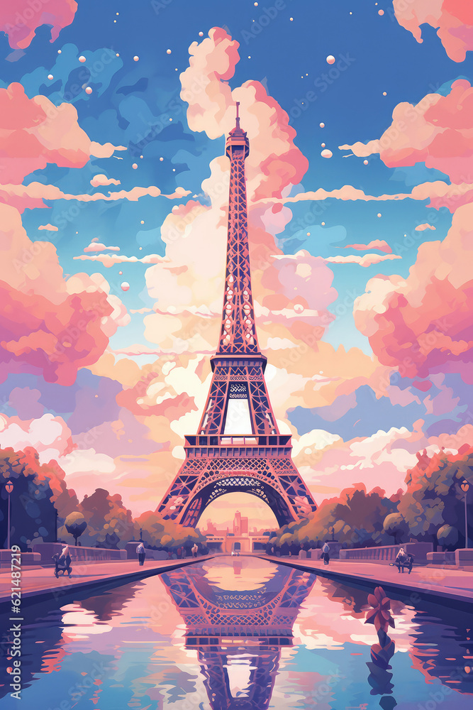 Travel to France Concept. Travel Poster with Eiffel Tower extreme closeup. Generative AI