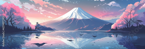 Travel to Japan Concept. Travel Poster with Japan Mount Fuji  extreme closeup. Generative AI © doomu