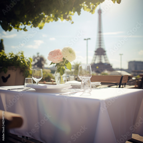 Outdoor dining table, against the backdrop of the Paris Tower, the rising sun photo