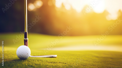 Golf club and golf ball on green grass background. Blurred backdrop. Outdoor sport on a sunny day. Generative AI