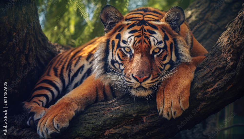 Beautiful Tiger Rest on a Tree Branch extreme closeup. Generative AI Beautiful Tiger Rest on a Tree Branch extreme closeup. Generative AI