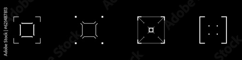 Cyberpunk style square aim set. Cyber targets, aims, sights, and crosshairs. A pack of GUI futuristic rectangle targets. A vector collection of cyberpunk design elements.