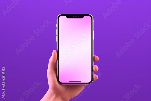 3D Cartoon hand holding smartphone isolated on purple background, Hand using mobile phone mockup. 3d render illustration