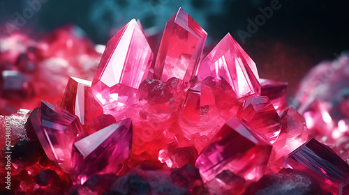 Amazing bright and shiny Rhodochrosit crystal cluster background. Jewel mineral detailed macro. Generative AI photo