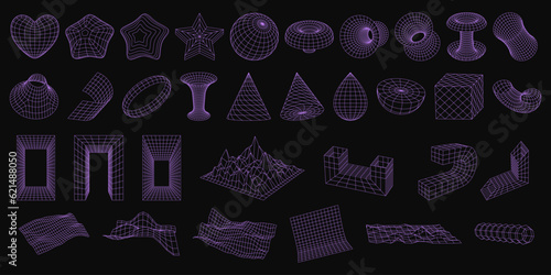 Set of wireframe 3D geometric shapes. Abstract figures, Distorted mesh grids. Mountains, Cone, distorted planes, arcs, cube, black hole, globe. Isolated Graphic design elements. Editable strokes.