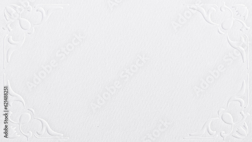 White embossed vintage frame background, elegant ornamental border, luxury paper texture, classic decorative template, floral corner design, wedding invitation backdrop, minimalist blank card mockup