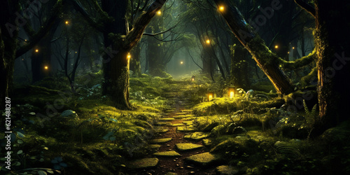 A path through a forest with a light on the ground and the trees are covered in moss © MUS_GRAPHIC