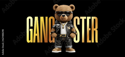Teddy bear a sunglass and with a chain, slogan with gangster on black background. Illustration for printing on clothing. Vector illustration