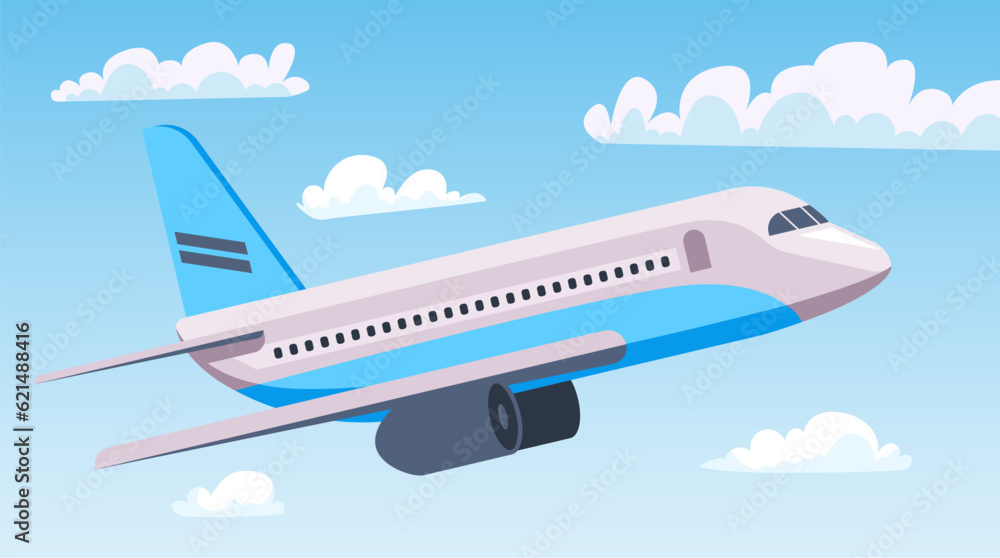 Aircraft air plane flight flying in sky clouds concept. Vector graphic design illustration
