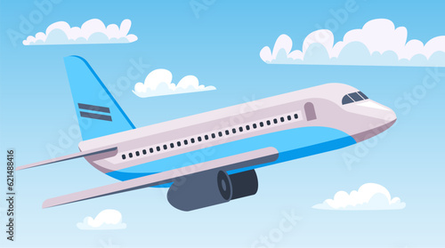 Aircraft air plane flight flying in sky clouds concept. Vector graphic design illustration
