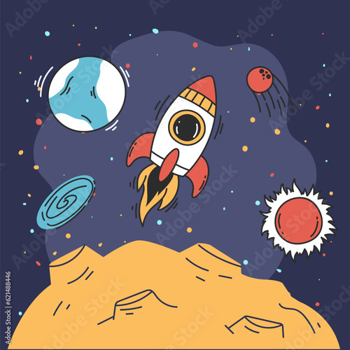Space ship rocket launch spaceship on moon line art style concept. Vector graphic design illustration