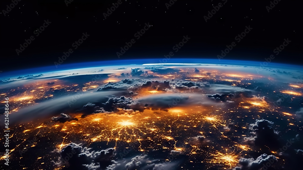 Panoramic view on planet Earth globe from space. Glowing city lights, light clouds. Generative AI 