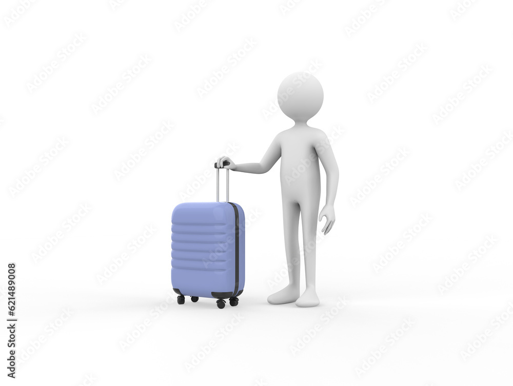 3D illustration of a cartoon man holding a travel trolley bag 3D illustration of a cartoon man holding a travel trolley bag