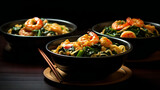 Shrimp and vegetable stir fried on plate, chopsticks