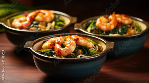 Shrimp and vegetables on Plates