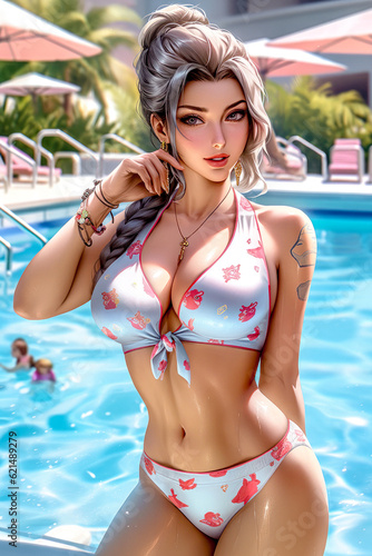 Pretty Manga Girl in the Pool on a Nice Day Anime Style Generative AI Wallpaper Illustration Background Cover Generative AI KI