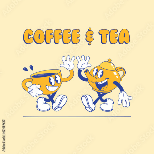 Vintage cartoon coffee cup and teapot mascot, vector illustration