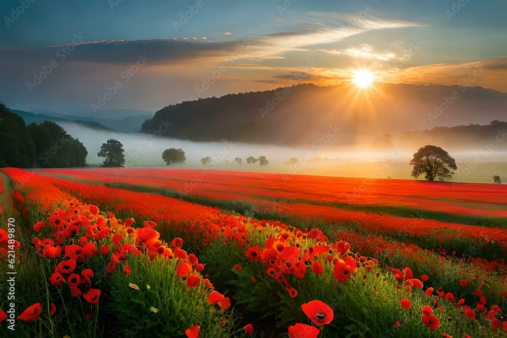 Obraz premium poppy field at sunset generated Ai.