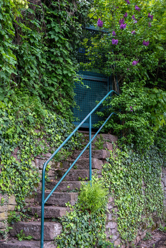 Narrow stone stair drives to closed metal gate. Germany, Heidelberg