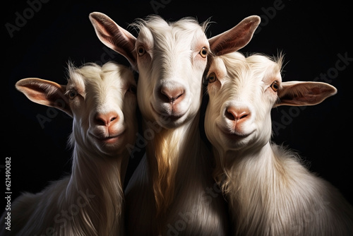 Three goats on a dark background. Generative AI