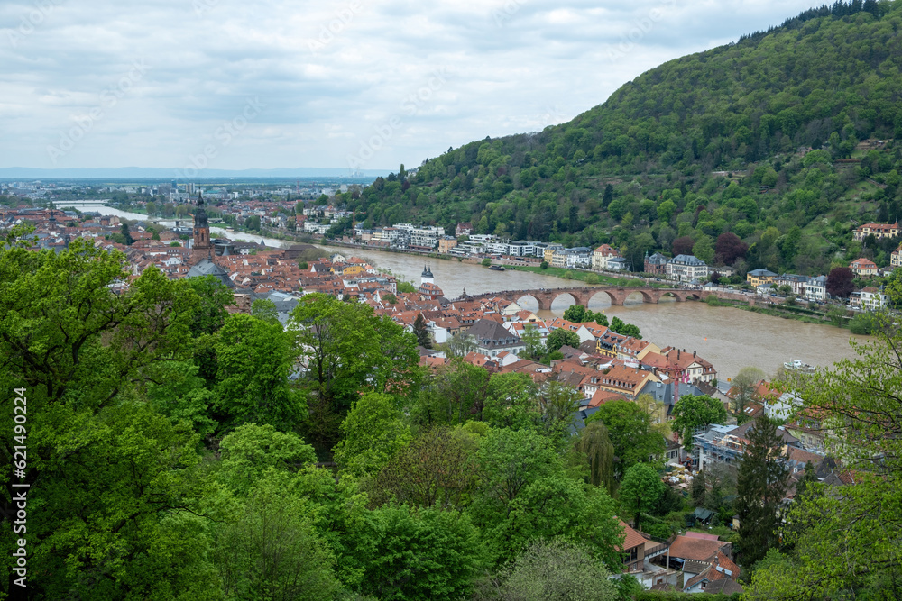 Germany, aerial view of Heidelberg traditional city next to Neckar river and Old Bridge.