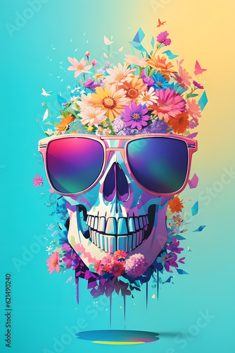 花で飾られた骸骨のイラスト｜Illustration of a skeleton decorated with flowers,Generative AI © happy Wu 