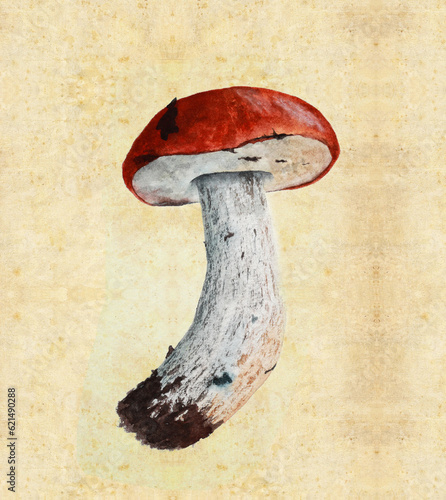 Illustration with watercolor mushroom in the style of vintage lithography