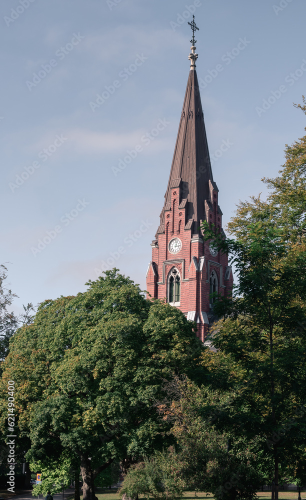 The steeple tower of Allhelgonakyrkan church in Lund Sweden The steeple tower of Allhelgonakyrkan church in Lund Sweden