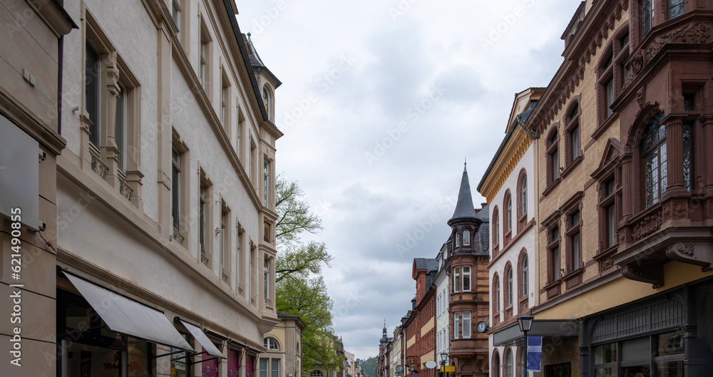 Germany, Heidelberg city. Traditional old building in main street at historical center. Under view Germany, Heidelberg city. Traditional old building in main street at historical center. Under view