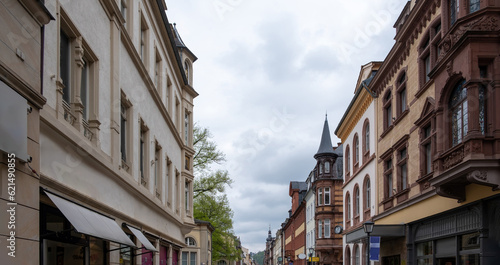 Germany, Heidelberg city. Traditional old building in main street at historical center. Under view