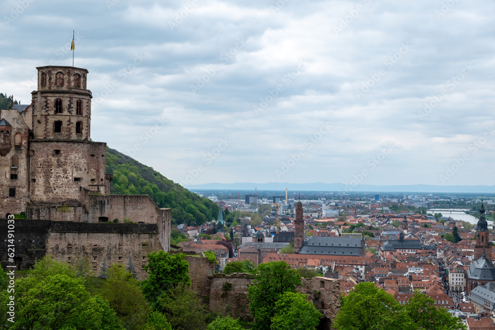 Naklejka premium Germany, aerial view of Heidelberg traditional city next to Neckar river and Old Bridge.