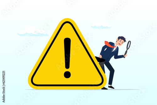 Businessman with magnifier monitor and investigate incident with exclamation attention sign, incident management, root cause analysis or solving problem, identify risk or critical failure (Vector)