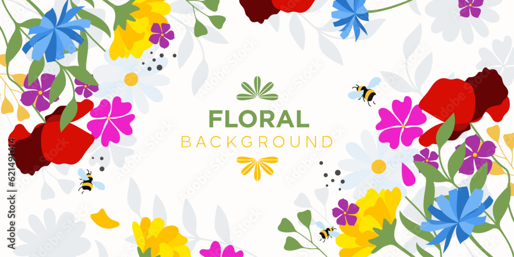 Background with beautiful summer flowers in vector, flat style.
