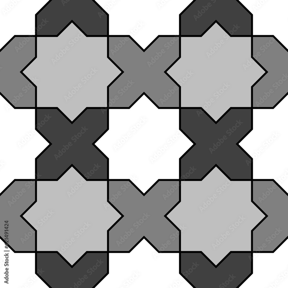 Seamless surface pattern design with Moroccan stars and crosses tiles ornament. Oriental traditional ornamentation with repeated geometric shapes. Ancient mosaic wallpaper. Grid motif. Digital paper. Seamless surface pattern design with Moroccan stars and crosses tiles ornament. Oriental traditional ornamentation with repeated geometric shapes. Ancient mosaic wallpaper. Grid motif. Digital paper.