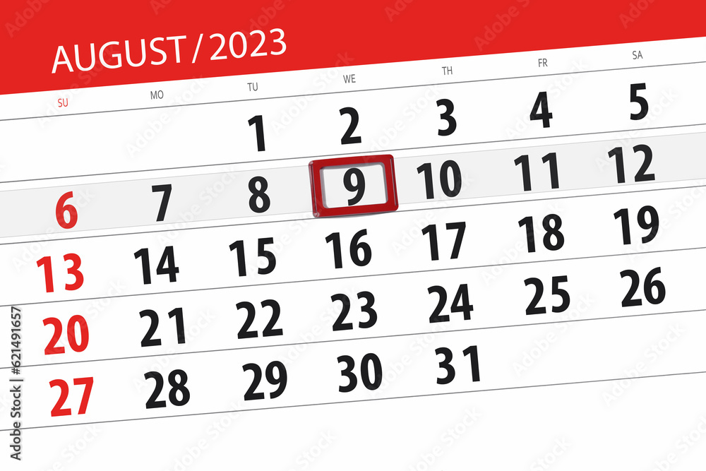 Obraz premium Calendar 2023, deadline, day, month, page, organizer, date, August, wednesday, number 9