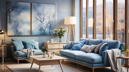 scandinavian style interior design of modern living room with blue big sofa light oak floor big windows photo