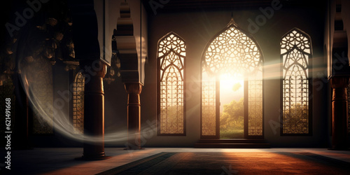 moon light shine through the window into islamic mosque interior