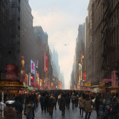 Illustration of a busy new york city street with crowds of people walking. (AI-generated fictional illustration) 