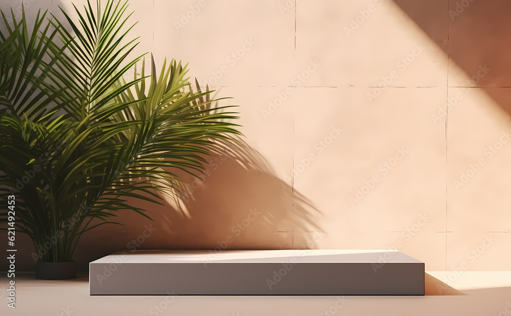 Modern and clean podium for display product with palm tree, sunlight, and plant shadow on beige wall background. Modern and clean podium for display product with palm tree, sunlight, and plant shadow on beige wall background.