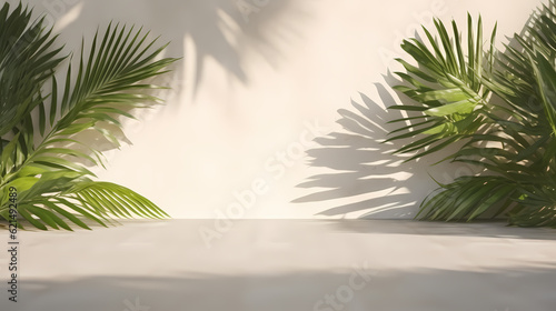 Minimalist, clean, and modern looks white table for product display backdrop with palm tree, sunlight, and shadow plant shadow. © jxvxnism