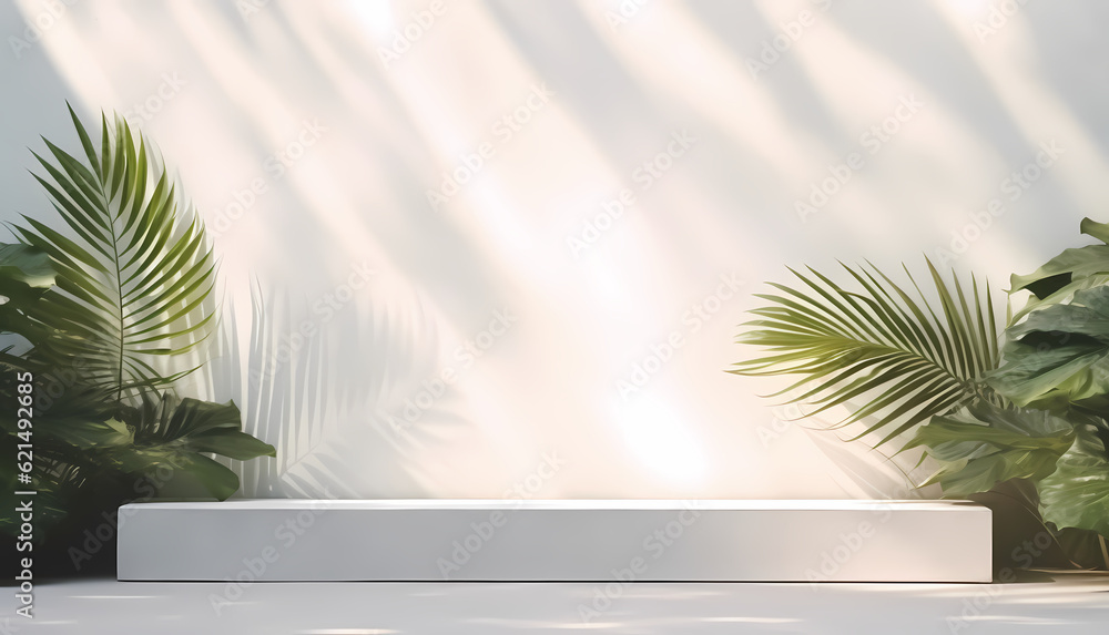 Minimalist, clean, and modern looks white podium for product display backdrop with palm tree, sunlight, and shadow plant shadow. Minimalist, clean, and modern looks white podium for product display backdrop with palm tree, sunlight, and shadow plant shadow.