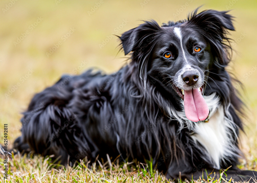 Black and white dog lying on the grass with long tongue looking upwards