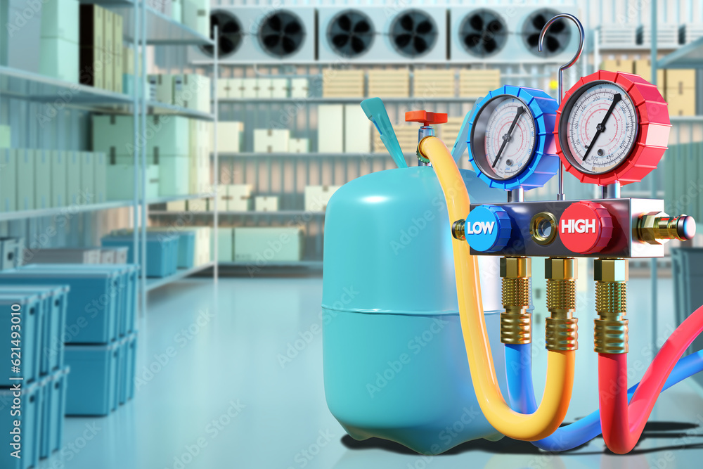 Industrial refrigerator. Refrigerator gas tank. Freon for refrigerator. Industrial freezer with