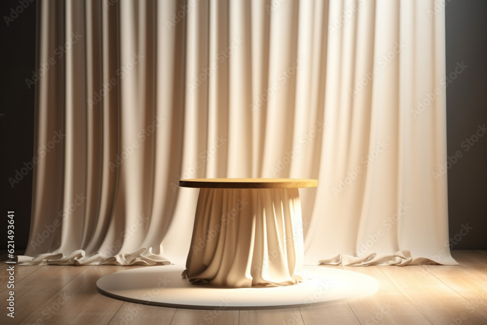 Empty modern round wooden podium side table in soft white blowing drapery curtain drapes