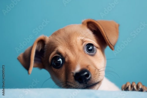 cute puppy peeks out from behind a blue background . Veterinary concept. Generative ai